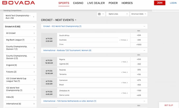 Odds display from Bovada, a major player among betting sites for cricket.